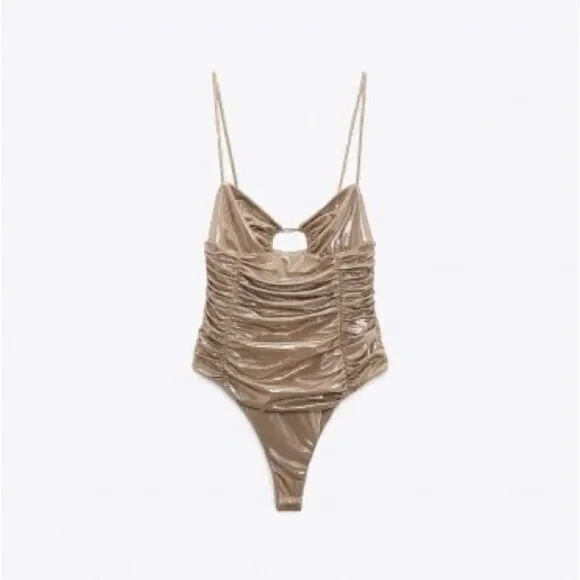 NWT Zara Metallic Gold Ruched Liquid Bodysuit with Cutout Medium 7818/384/303 - Picture 4 of 13